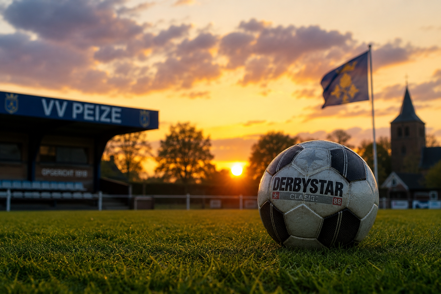 Voetbal op het veld bij zonsondergang met de tribune van VV Peize op de achtergrond